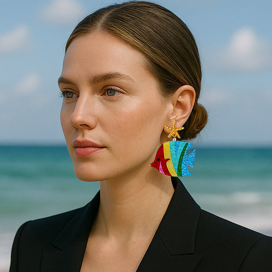 Unique Designer Colorful Ocean-Inspired Earrings Featuring Multi-Colored Tropical Fish and Seahorse Designs with Glittery Paneling – Perfect for Statement Accessories & Beach Lover Gifts