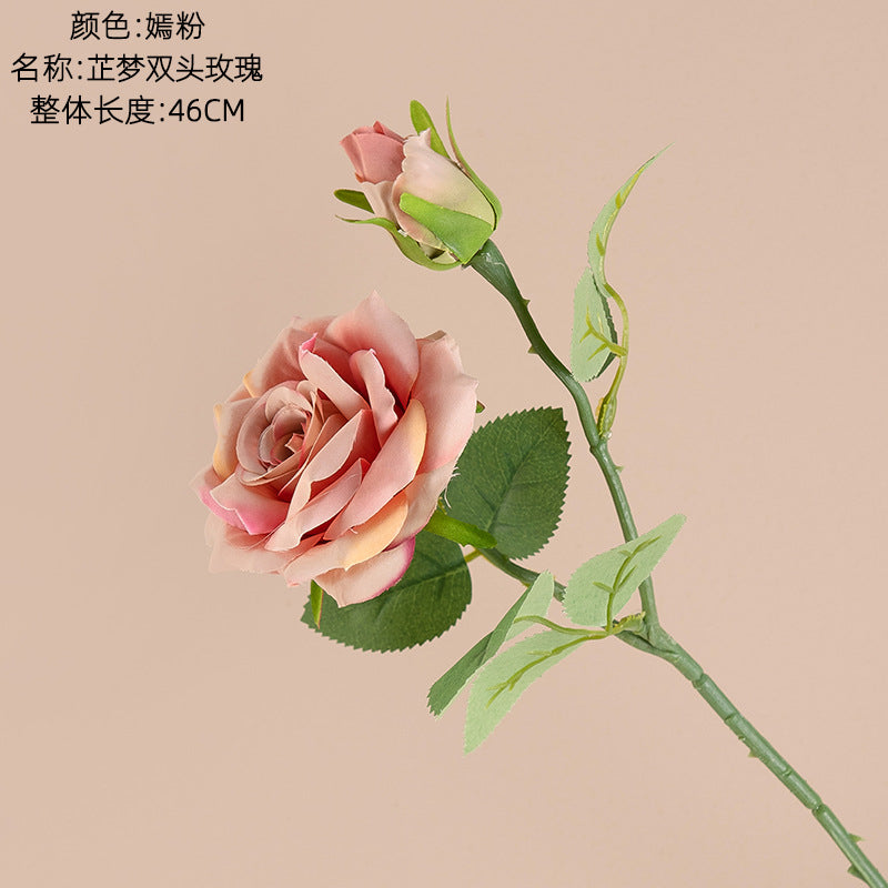 Lifelike Green Single Stem Double-Headed Rose Artificial Flower - Perfect for Wedding Decor and Home Accents (Model INSMW31586)