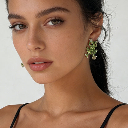 Charming Green Frog Stud Earrings with Unique Creative Design, Alloy and Rhinestone Accents - Versatile and Exquisite Jewelry for Women