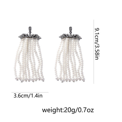 Creative and Exaggerated Geometric Pearl-Style Tassel Earrings for Women - Glamorous Zirconia Accents and Unique Design