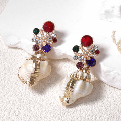 Exquisite High-End Zirconia Inlaid Faux Pearl Flower Conch Shell Pendant Earrings – Perfect for Ocean-Inspired Leisure and Vacation Style