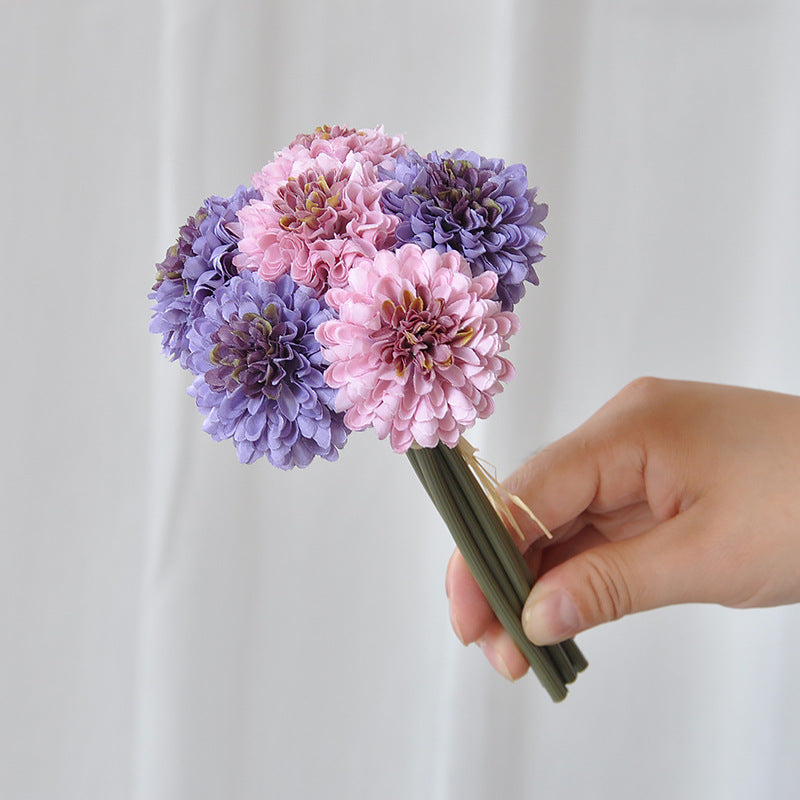 Lifelike Faux Dandelion Ball Chrysanthemum Silk Flowers | Short Stem Bouquet for Wedding Decorations | Set of 6 Stunning Handmade Arrangements