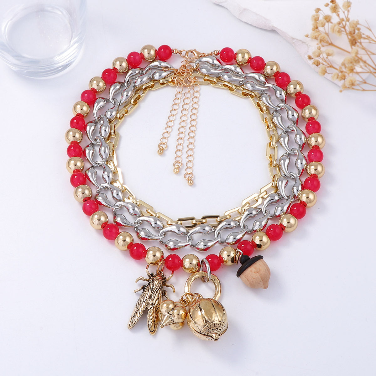 Bohemian Multi-Layered Charm Necklace featuring Unique Chain, Colorful Glass Beads, and Alloy Insect Pendant – Perfect for Casual Wear and Fashion Statements