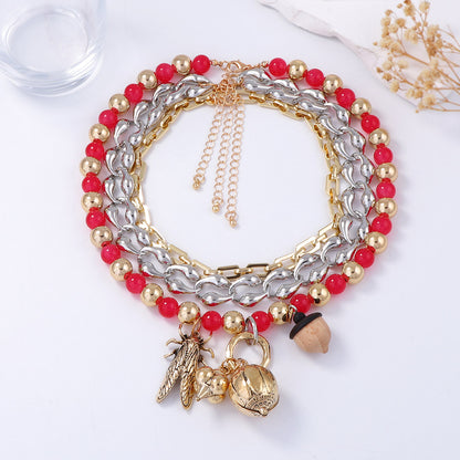 Bohemian Multi-Layered Charm Necklace featuring Unique Chain, Colorful Glass Beads, and Alloy Insect Pendant – Perfect for Casual Wear and Fashion Statements