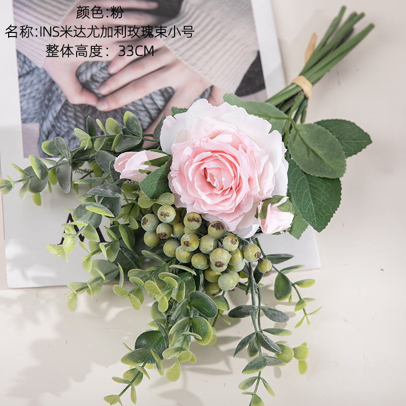 Stunning Eucalyptus Rose Bouquet - Realistic Artificial Flowers for Home Decor and Wedding Celebrations - Perfect for INS Aesthetic - Model DY1-2299