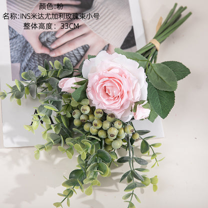 Stunning Eucalyptus Rose Bouquet - Realistic Artificial Flowers for Home Decor and Wedding Celebrations - Perfect for INS Aesthetic - Model DY1-2299