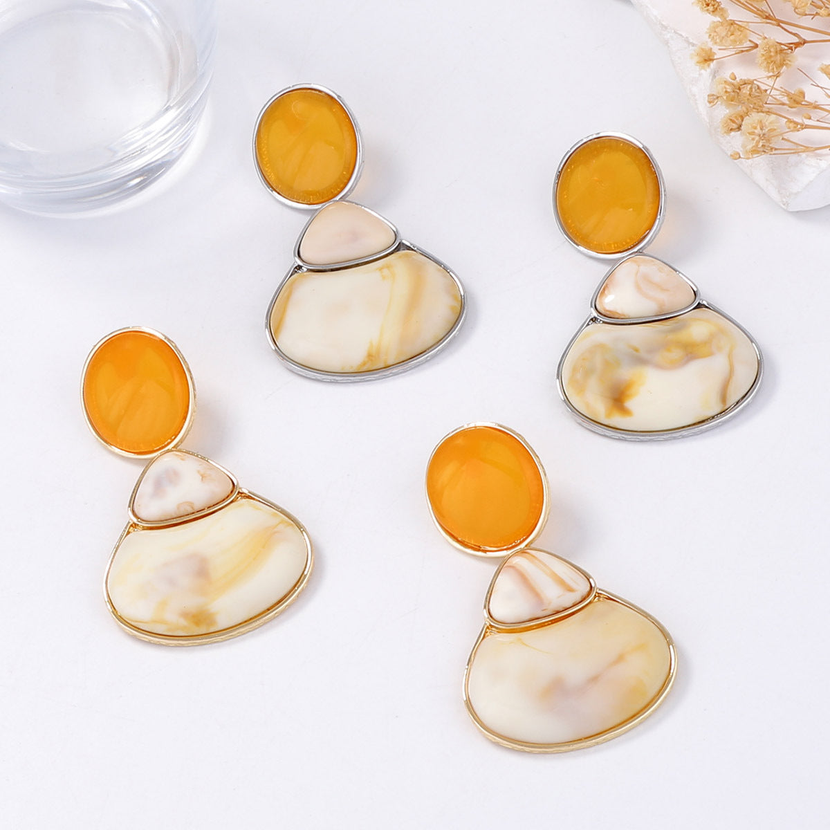 Elegant Vintage French-Inspired Alloy Resin Geometric Button Earrings - Versatile Daily Wear Accessories for Women