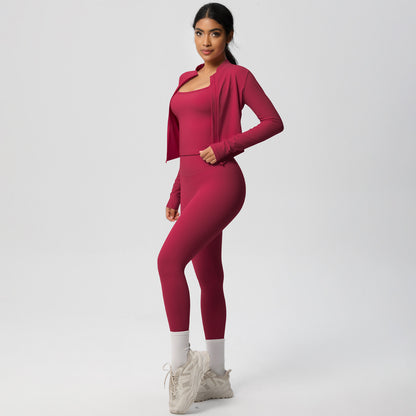 Solid Color Fleece Lined Long Sleeve Yoga Set Quick Dry Butt Lifting 3 Piece Workout Ensemble for Running and Gym Fitness