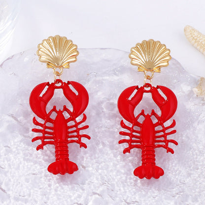 Summer Ocean-Inspired Vacation Marine Life Red Lacquer Lobster and Seashell Alloy Earrings for Women – Perfect for Beach Getaways and Casual Chic Outfits