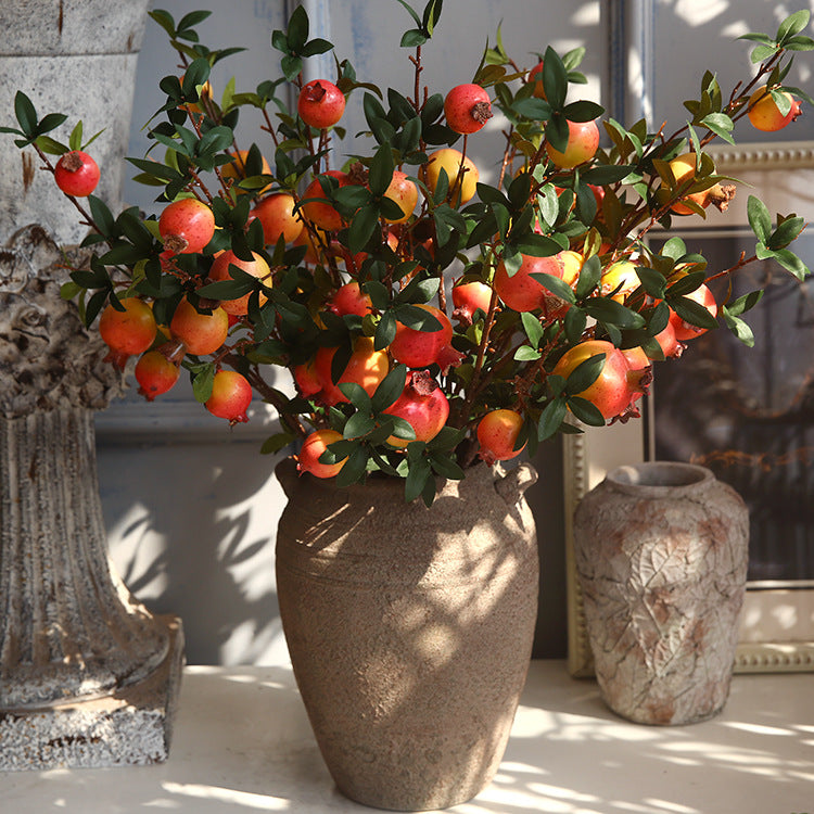 Realistic Pomegranate Decorative 6-Fruit Bunch with Leaves - Ideal for Home Decor, Photography Props, and Lifelong Floral Arrangements