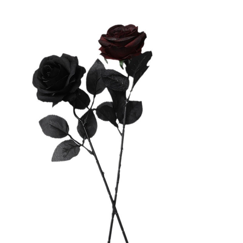 Gothic Black and Dark Red Artificial Roses - Halloween Decor, Realistic Faux Flowers for Photo Styling and Themed Decorations