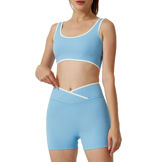 High Performance Color Block Yoga Set Cross Waist Sports Bra and Shorts Duo for Comfort and Flexibility