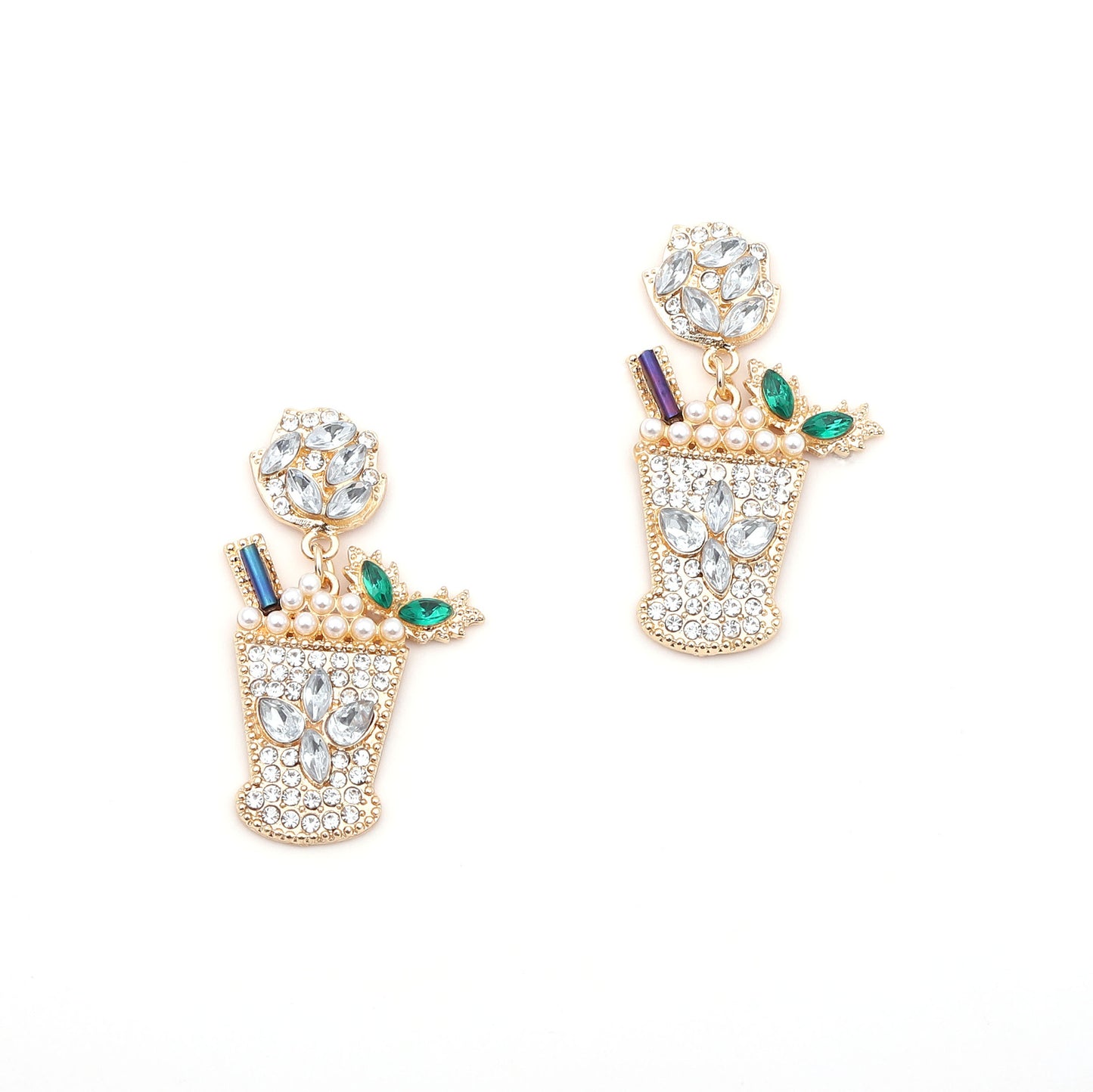 Chic Geometric Design Cold Drink Cocktail Cup Earrings – Alloy with Dazzling Diamonds and Elegant Pearls
