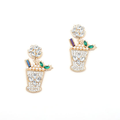 Chic Geometric Design Cold Drink Cocktail Cup Earrings – Alloy with Dazzling Diamonds and Elegant Pearls