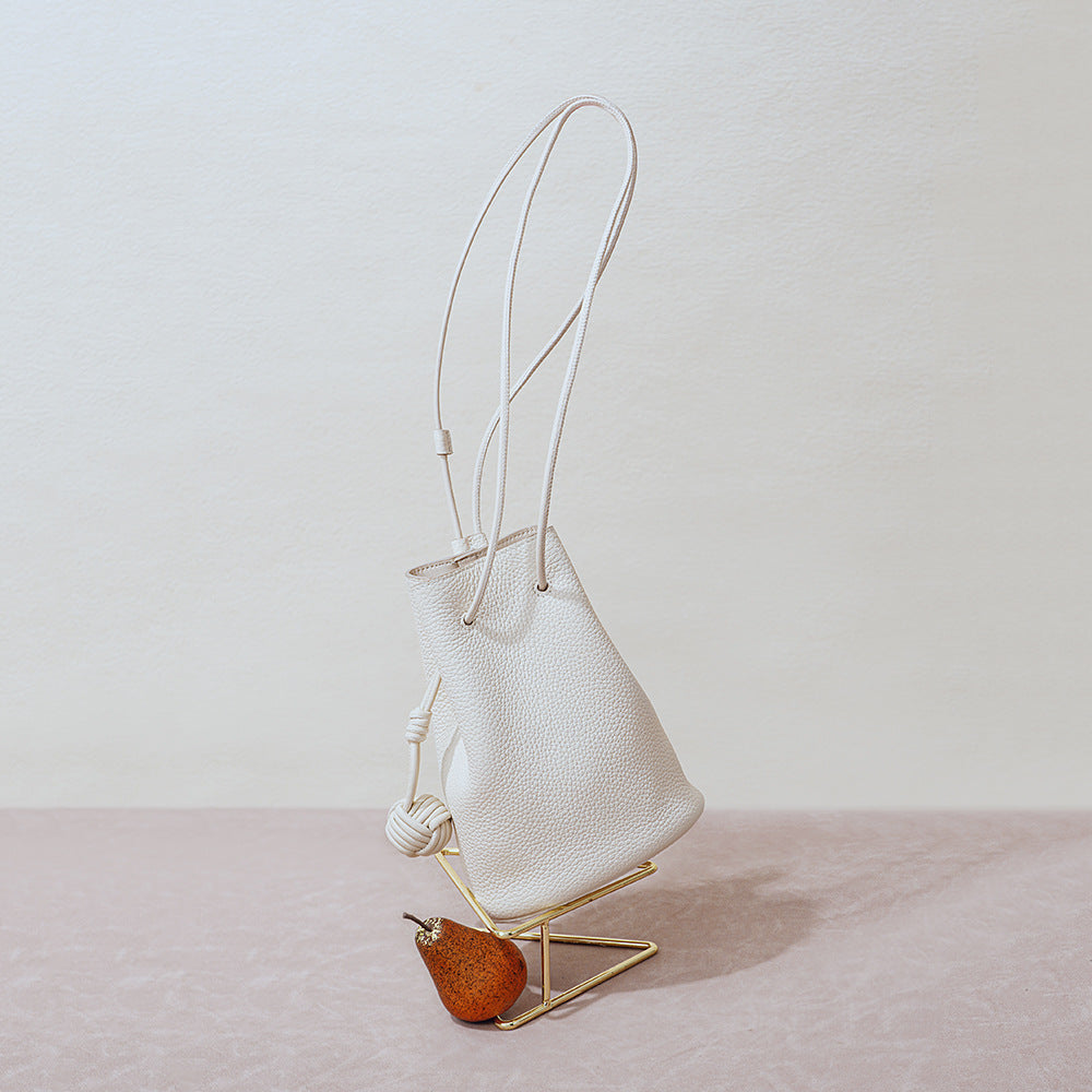 Chic Korean Style Drawstring Bucket Bag Genuine Leather Women's Minimalist Crossbody and Shoulder Bag in Grain Cowhide