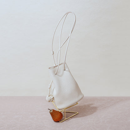 Chic Korean Style Drawstring Bucket Bag Genuine Leather Women's Minimalist Crossbody and Shoulder Bag in Grain Cowhide