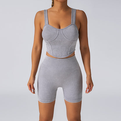 Seamless Sculpting Yoga Set with Breathable Short Shorts Chest Pad Tank Top and Butt Lifting Design for Comfort and Flexibility