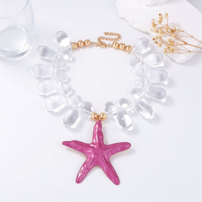 Exaggerated Alloy Sea Star and Crab Pendant Necklace for Women - Beachy Chic Ocean-Inspired Style with Vibrant Print and Spray Finish - Perfect for Vacation or Casual Outings