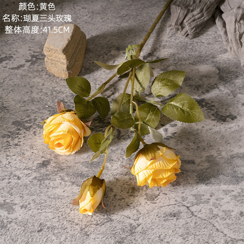 Stunning Artificial Three-Headed Rose Flower - Realistic Green Plants for Wedding Decor and Home Decoration - Perfect for Craft Projects (Model MW66008)