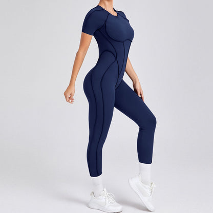 Women s Form Fitting Short Sleeve Bodysuit with Long Pants Sculpting and Breathable Yoga Outfit for Fall Winter with Stunning Open Back Design Model 88201