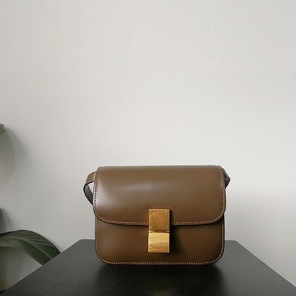 Women's Genuine Leather Bag Minimalist Small Tofu Shoulder Bag with Lock Closure and Versatile Crossbody Design