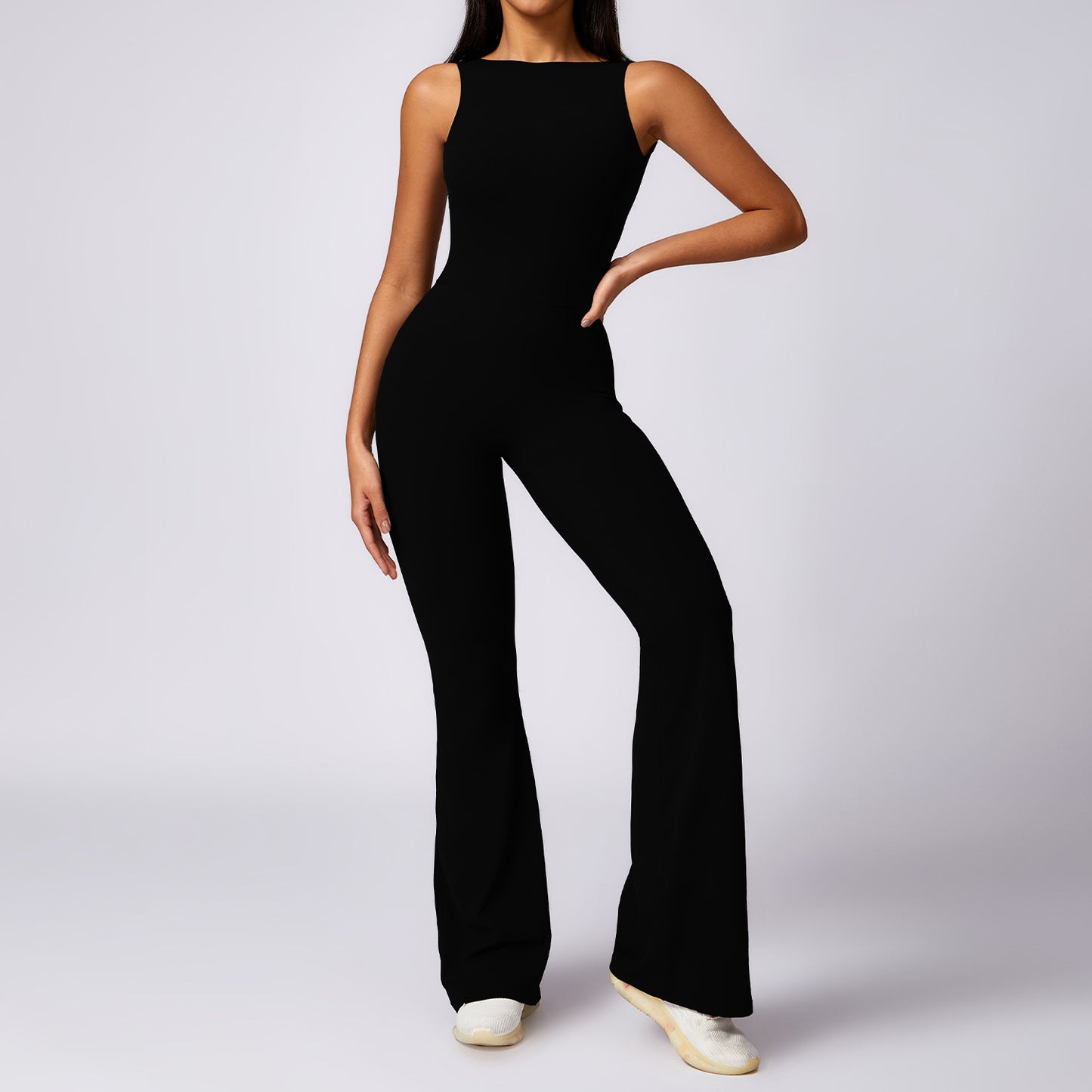 Women's Peach Butt Lifting Yoga Jumpsuit Fitness Bodysuit with Flared Legs and Beautiful Back Design for Casual and Active Wear