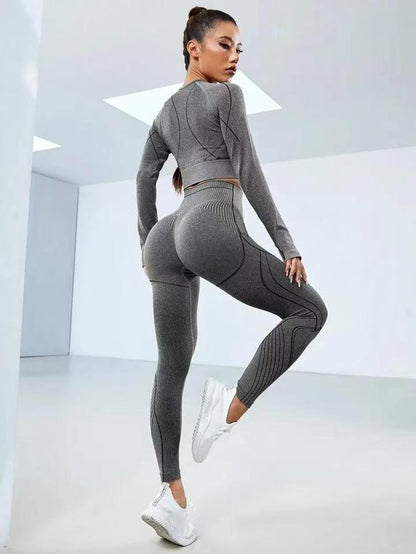 Seamless Autumn Winter Knit Yoga Outfit Long Sleeve Top Pants Set for Women for Fitness Gym Yoga Classes