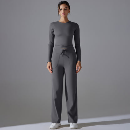 Ultra Comfortable Long Sleeve Yoga Set with Pockets High Performance Workout Gear and Adjustable Wide Leg Pants for Intense Fitness and Running