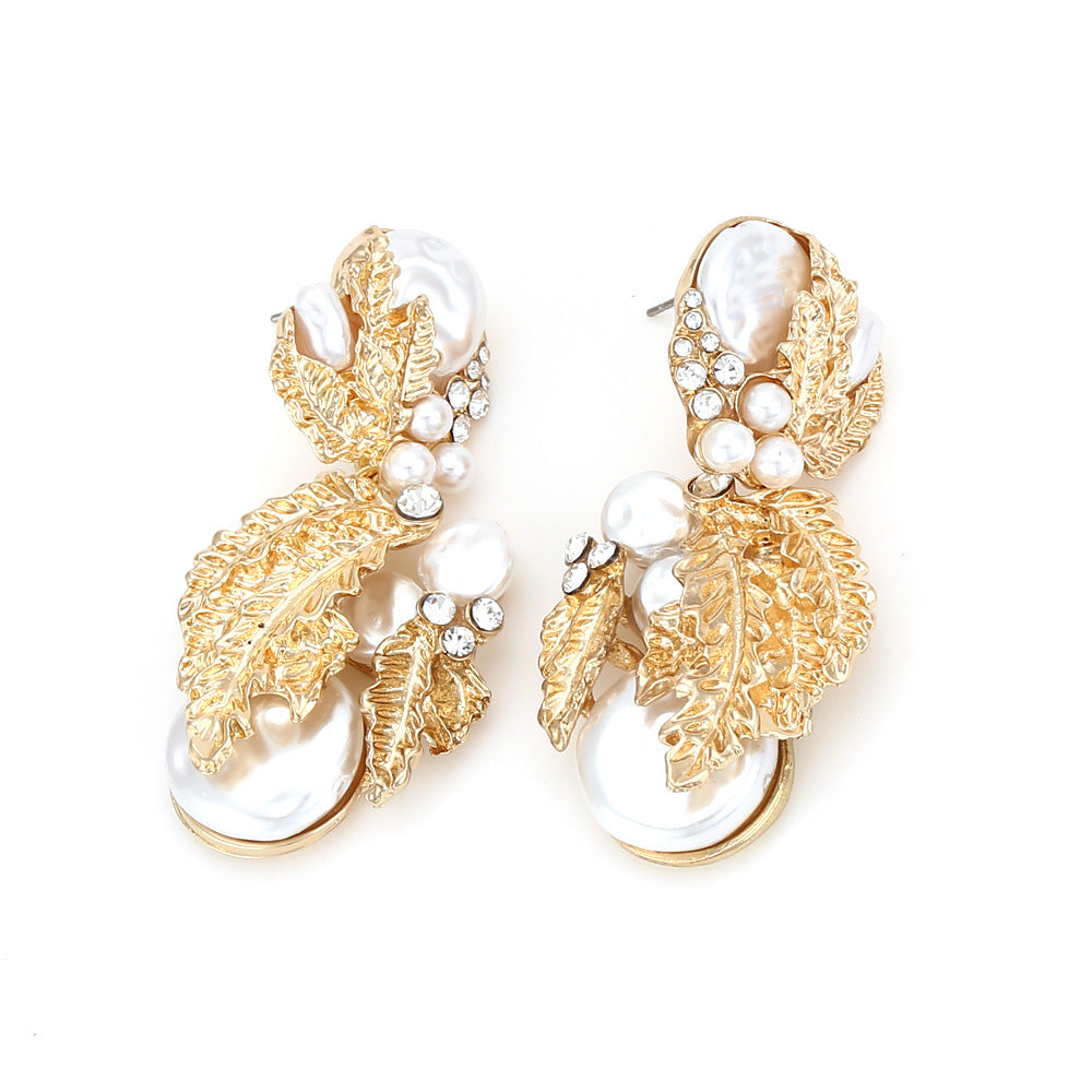 Exquisite Statement Earrings with Sparkling Rhinestones, Elegant Pearl Leaf Design - Trendy Fashion Accessory