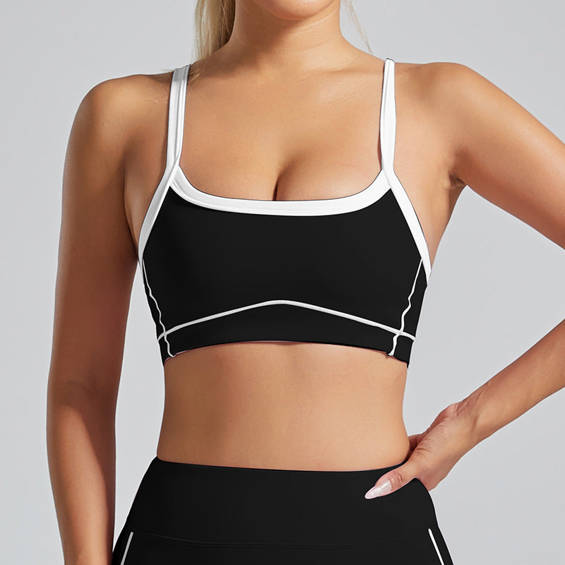 High Intensity Shockproof Outdoor Sports Bra with White Trim and Thin Straps for Yoga and Fitness Activities