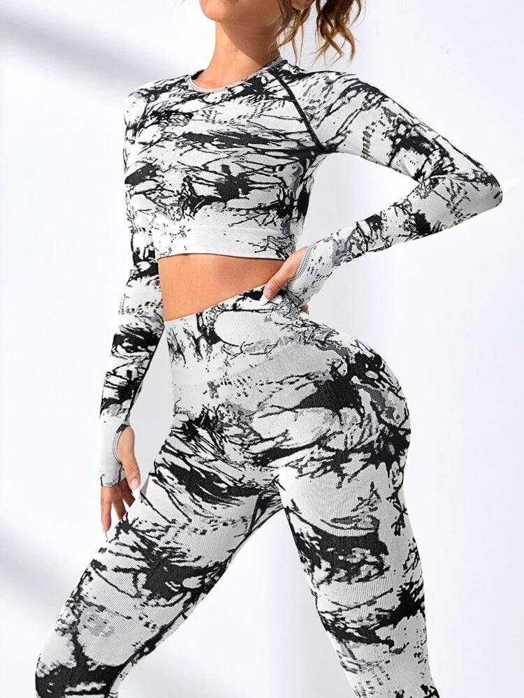 Women's High Waisted Tie Dye Yoga Set Sculpting Yoga Pants and Tops for Active Wear for Fitness Running and Outdoor Workouts