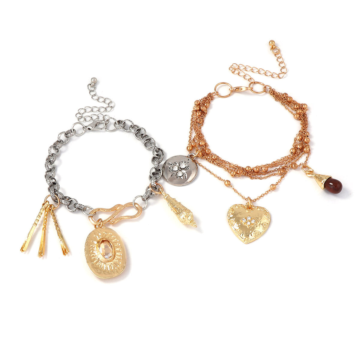Chic Vintage-Inspired High-End Layered Chain Bracelet with Heart and Geometric Pendant - Perfect for Stacking and Everyday Elegance