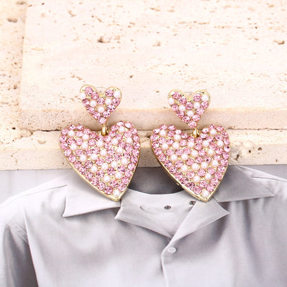 Chic Oversized Creative Heart-Shaped Alloy Earrings with Pearl and Rhinestone Accents – Elegant, Unique, Lightweight Jewelry for Every Occasion