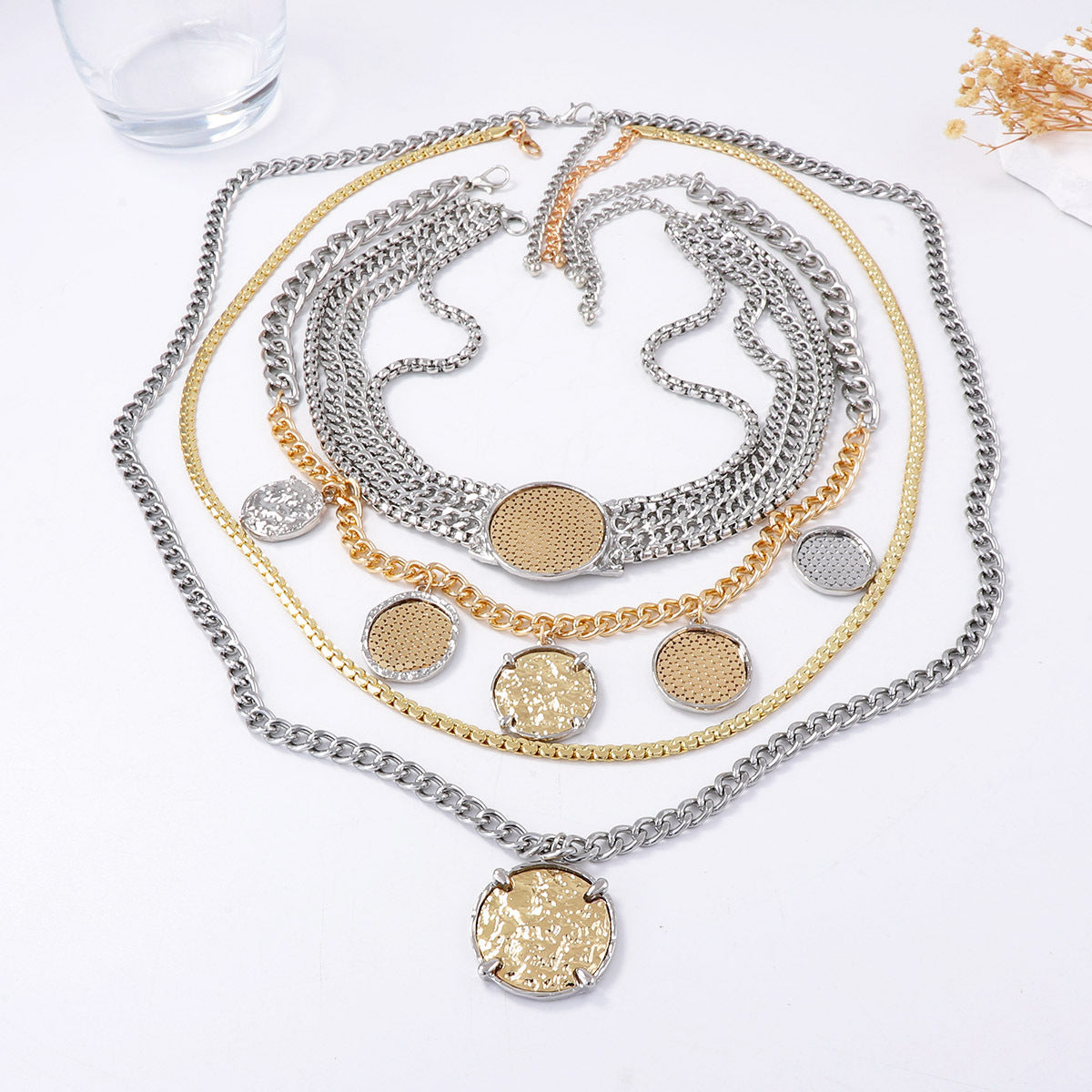 Chic Personalized Luxury Multi-Layer Alloy Chain Necklace with Geometric Badge and Coin Pendant - Modern Statement Jewelry for Unique Style
