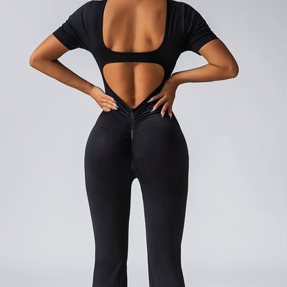 Seamless Yoga Jumpsuit with Bell Bottom Pants for Women 4 Colors V Back Design for Fitness and Workouts