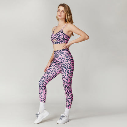 Animal Print Sports Bra High Waist Leggings Set with Ruched Design for Women's Yoga and Workout