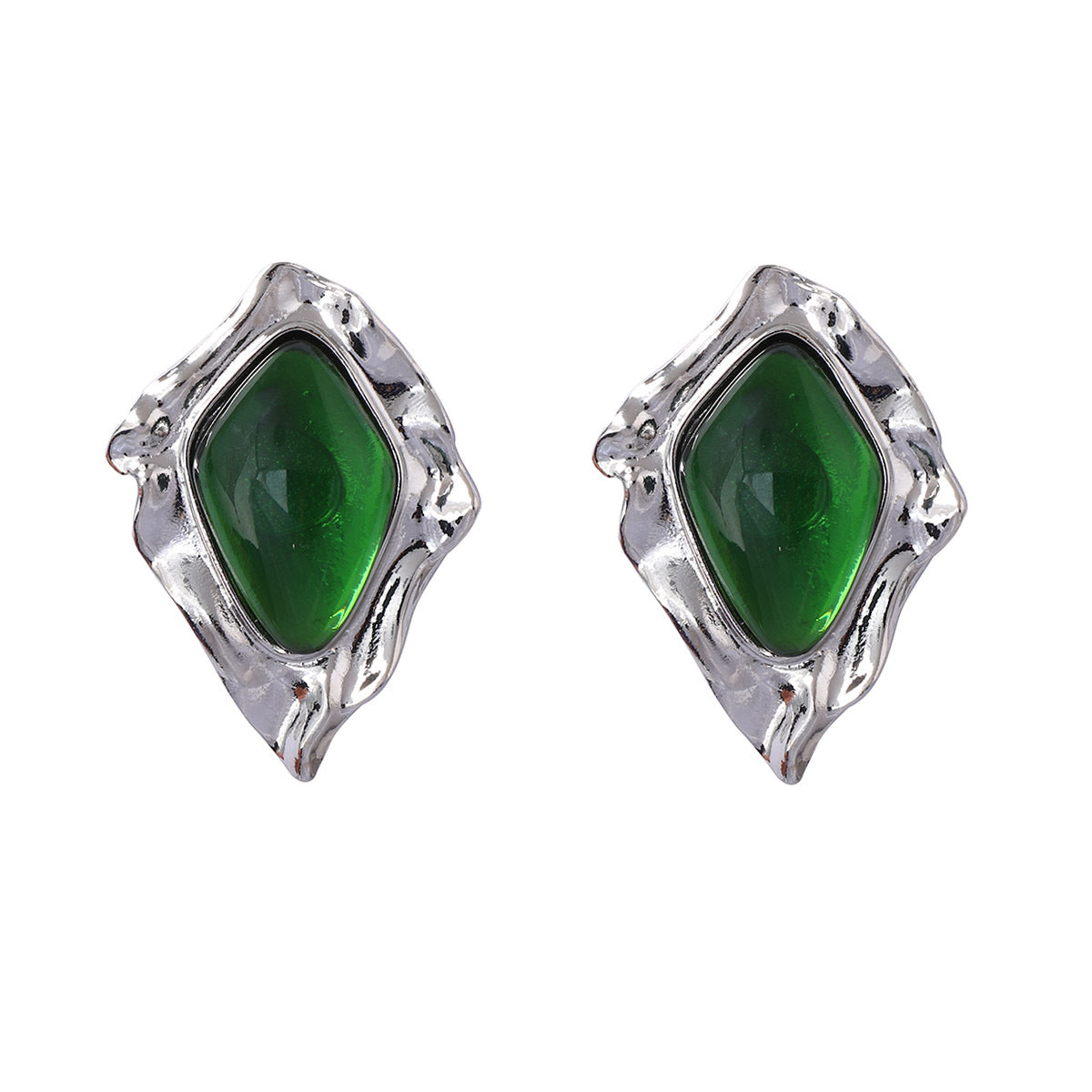 Chic French Vintage-Inspired Geometric Pleated Alloy Diamond Resin Gemstone Earrings - Elegant Statement Studs for Fashion Shows