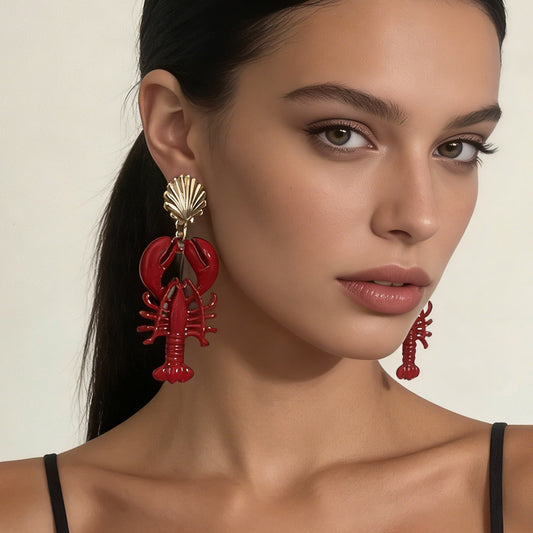 Summer Ocean-Inspired Vacation Marine Life Red Lacquer Lobster and Seashell Alloy Earrings for Women – Perfect for Beach Getaways and Casual Chic Outfits
