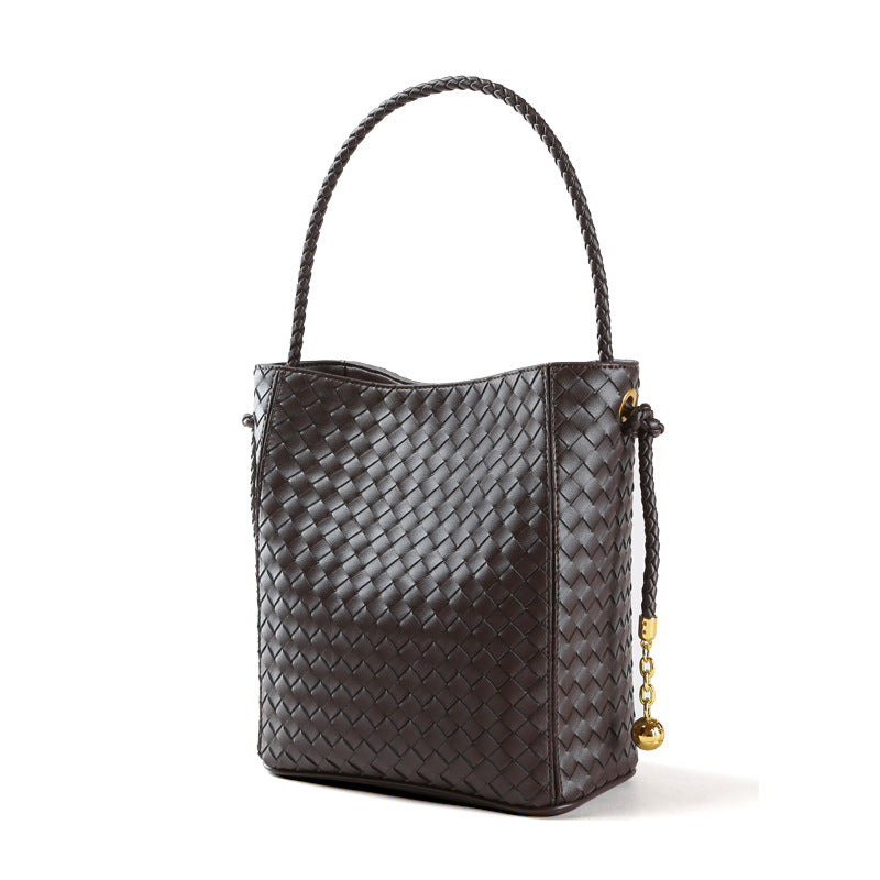 Chic Women's Leather Tote Bag Cowhide Bucket Bag for Everyday Commuting Spacious Weave Design for Work and Play