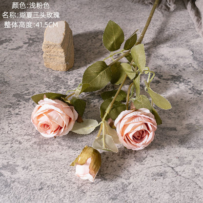 Stunning Artificial Three-Headed Rose Flower - Realistic Green Plants for Wedding Decor and Home Decoration - Perfect for Craft Projects (Model MW66008)