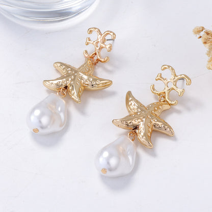 Stylish Casual Ocean-Inspired Fashion: Long Starfish Pearl Pendant Earrings for Women - Lightweight, Elegant Design Perfect for Beach Vacations
