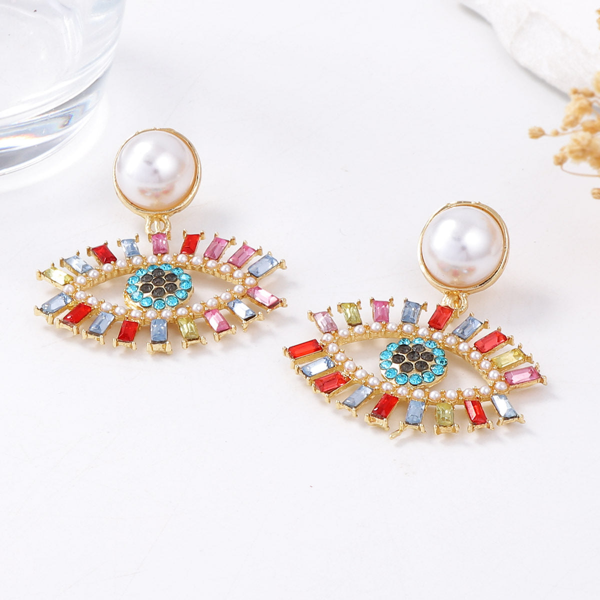 Chic Vintage-Inspired High-End Creative Design Alloy Full Rhinestone Evil Eye Faux Pearl Drop Earrings - Perfect for Every Occasion