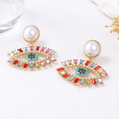 Chic Vintage-Inspired High-End Creative Design Alloy Full Rhinestone Evil Eye Faux Pearl Drop Earrings - Perfect for Every Occasion