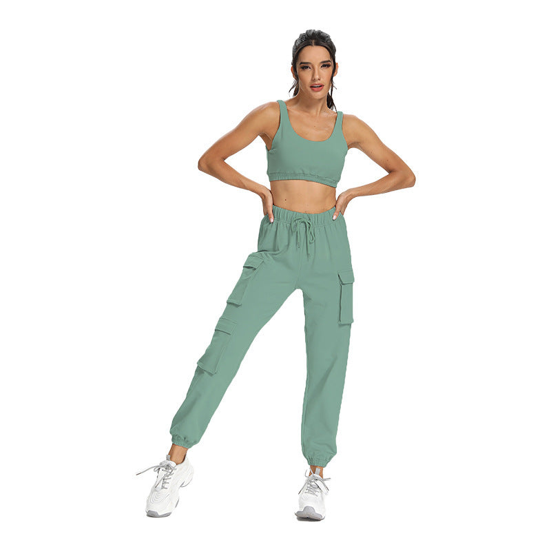 Solid Color Yoga Outfit Set Sleeveless Sports Bra Jogging Long Pants for Training and Outdoor Activities