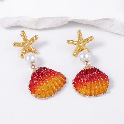 Unique Ocean-Inspired Colorful Shell and Faux Pearl Starfish Earrings for Women – Creative Design, Perfect for Beach Lovers
