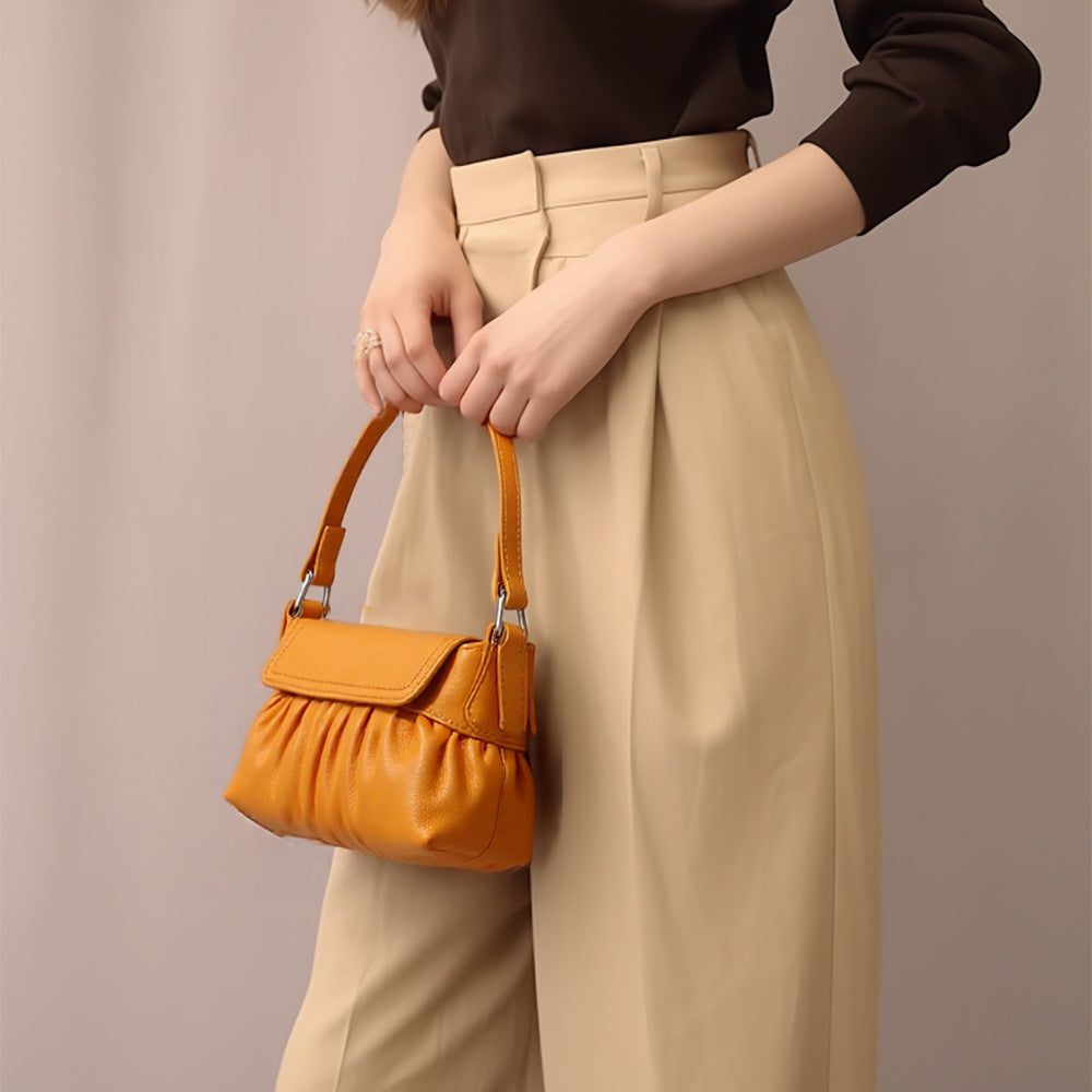 Chic Pleated Genuine Leather Women's Crossbody Bag Spring Summer Accessory in Cowhide with Versatile Handheld Option