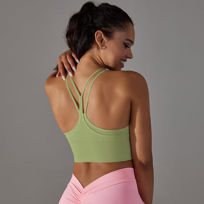 Seamless Knit Double Strap Beautiful Back Sports Bra for Women Breathable Lightweight and Yoga Top with Ribbed Design