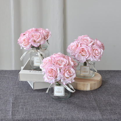 Realistic 6-Head Pink Princess Rose Bouquet - Stunning Faux Floral Arrangement for Home Décor, Living Room Centerpiece, and Table Display