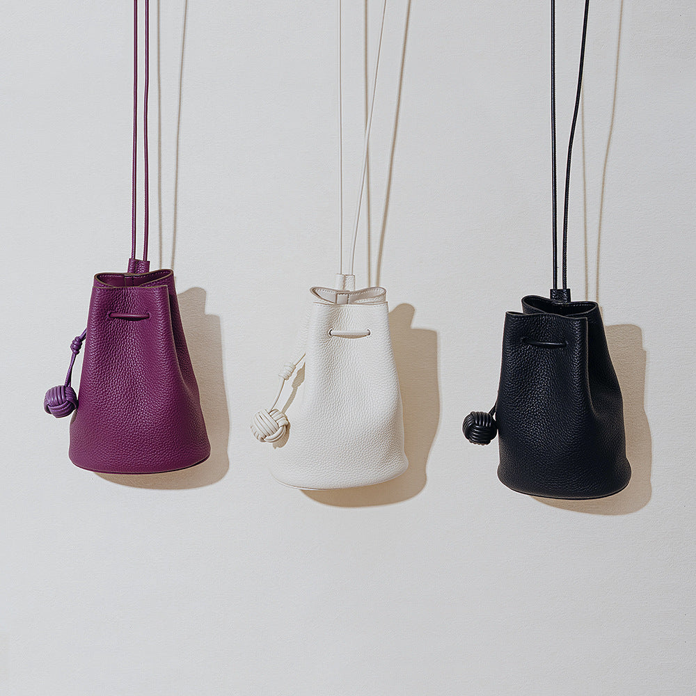 Chic Korean Style Drawstring Bucket Bag Genuine Leather Women's Minimalist Crossbody and Shoulder Bag in Grain Cowhide