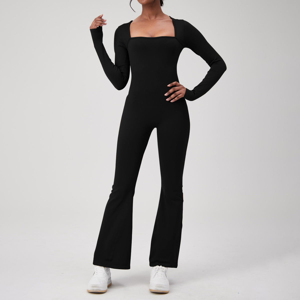 Seamless Long Sleeve Bodysuit with Square Neck Flattering Fit for Yoga Fitness and Activewear